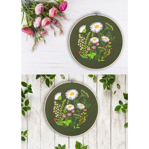 Broderiset for DIY-broderi Startsett for voksne nybegynnere - Stemplet blomstermønster med instruksjoner, tråder og nåler