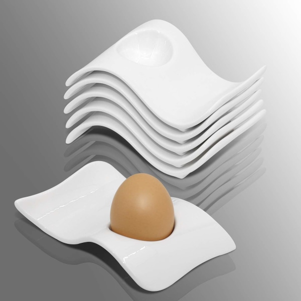 Äggkoppar Set med 4, keramisk ägghållare + kokt äggskärare, vit äggkoppsdekor för frukost och brunch