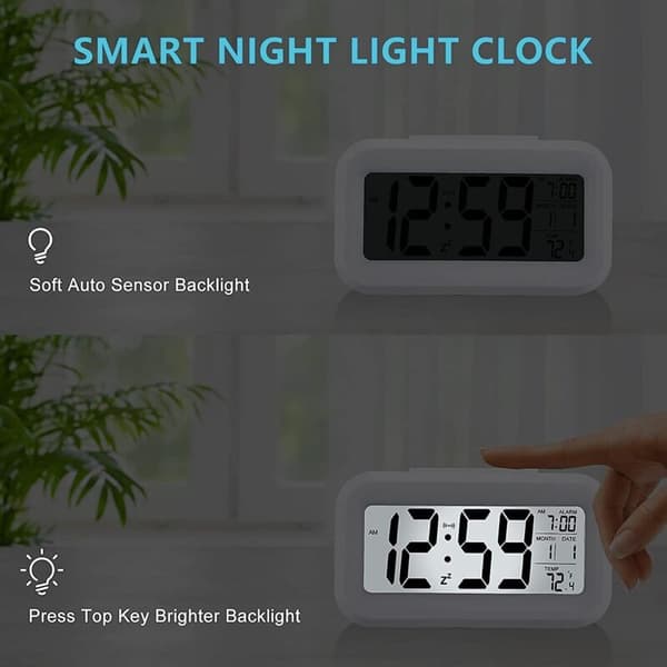 Digital Väckarklocka, Batteridriven Tyst Digital Klocka för Barn Vuxna Stor LED-Display Temperatur Kalender (Vit)