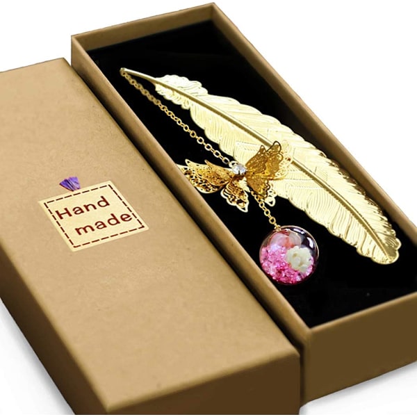 Metal Butterfly Feather Bookmark Gift-Golden.pink White Flower