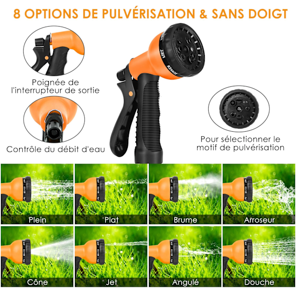 30m/98ft Udvidelig haveslange, fleksibel, med 8-funktions sprøjtepistol og 1/2\" og 3/4\" adaptere til vanding, orange