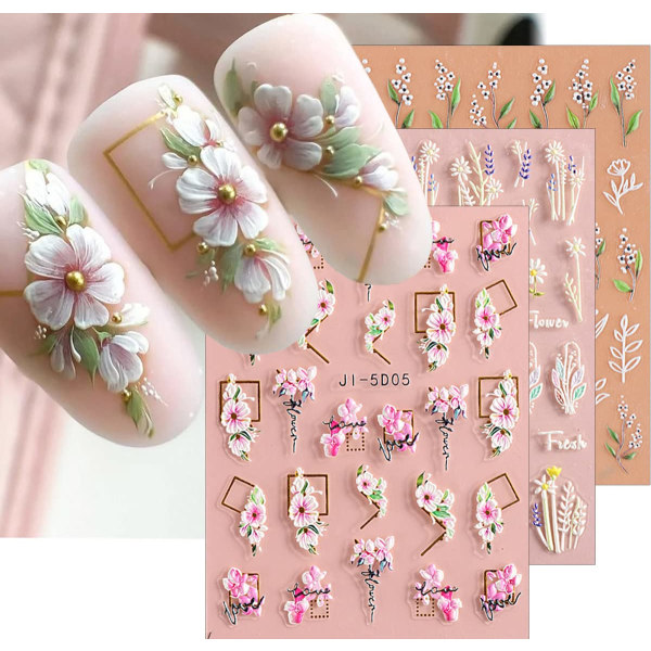 3D prægede blomsterblade Nail Art Stickers Decals 4 ark 5D Selvklæbende Sommer Blomster Negle Supplies Negle Art Design Dekoration Tilbehør