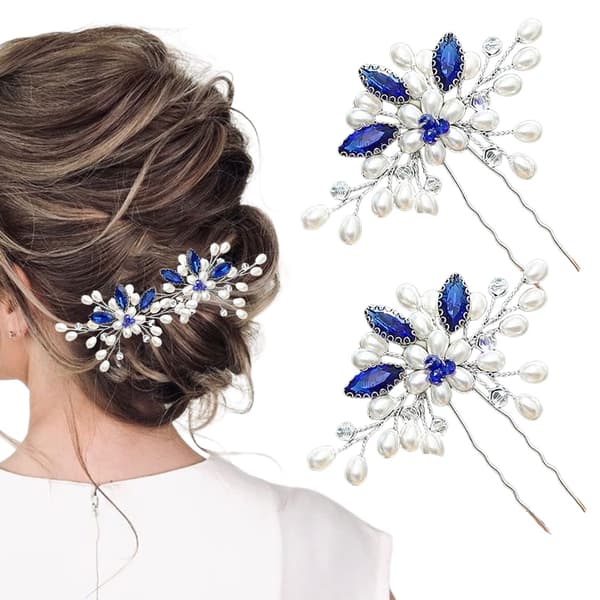 Blomster brude hårnåle perle brud bryllup hår tilbehør rhinestone hår stykke til kvinder og piger (blå)