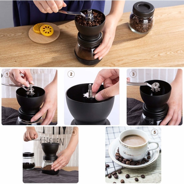 Manuaalinen kahvipapumylly, 2 lasipurkkia (11 unssia kukin), keraaminen pursu, käsikampi/käsikäyttöinen, pienet kannettavat kahvimyllyt harjalla/lusikalla