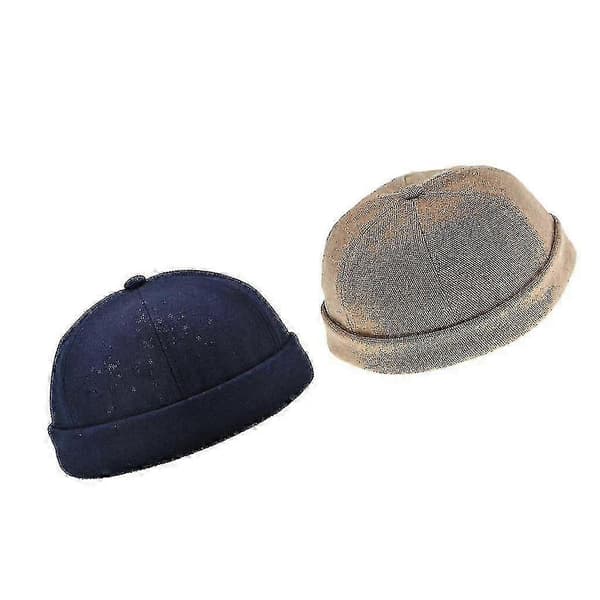 2-pack Herr Docker Hatt Sjömansmössa Mekaniker Bikermössa Skull Beanie Mössa Enkel - 2 st - Ljusbrun+marinblå-