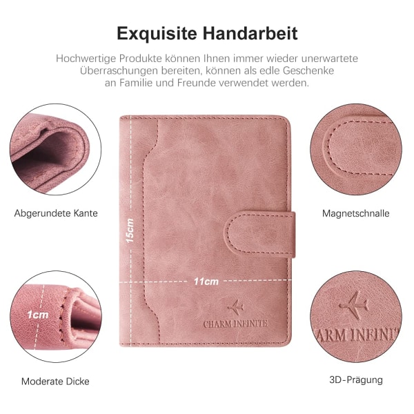 Passfodral, vaccinationsintygsfodral läder, konstläder passfodral med RFID-blockerare, skyddande fodral certifikat(rosa) pink