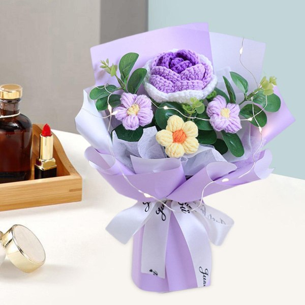 Virkattu kukkakimppu ruusu käsinkudottu kukkakimppupöydän keskiosa monipuolinen koriste Neulotut kukat tekokukkakimppu kotilahjaksi, violetti