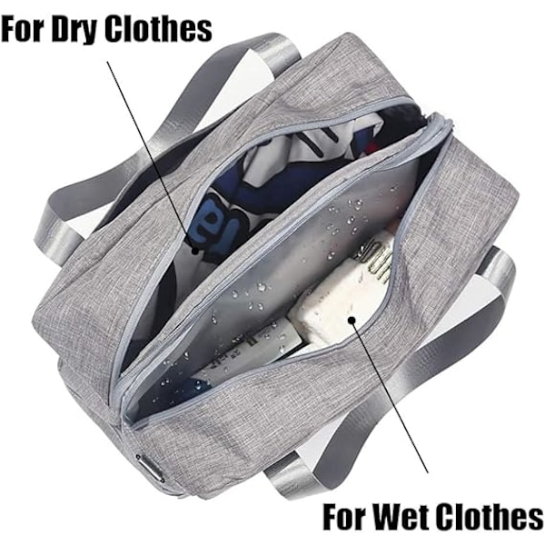 Vanntett treningsbag, duffelbag, reisebag, overnattingstaske, tørr våt separasjon, weekendbag, håndveske, sportsbag, treningsbag, svømmebag for menn og kvinner grey