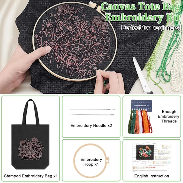 Canvas Tote Taske Broderikit med Blomstermønster, Kunst og DIY Voksne Korssting Håndværkssæt, Sort