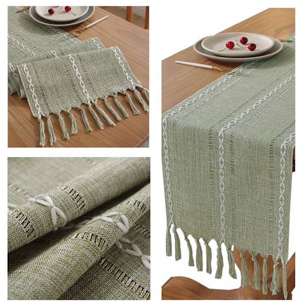 Sage Green Bordslöpare Väva Ränder Makramé Bordslöpare med Tofs Lämplig för Födelsedagsfest Bröllopsbordsdekoration, 13 * 94 tum/33 * 240 cm
