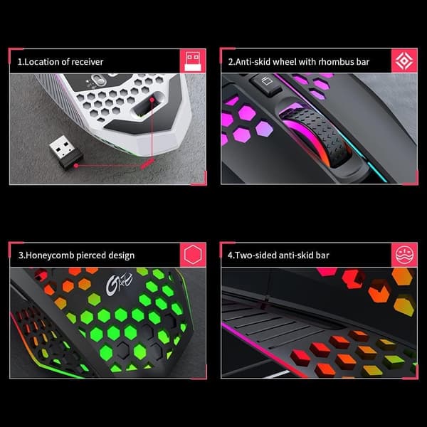 Trådløs gamingmus, let genopladelig USB-mus med 8 taster, knap til tilbage til skrivebord, 3 justerbare DPI-niveauer, 4 tilstande til computer-pc white