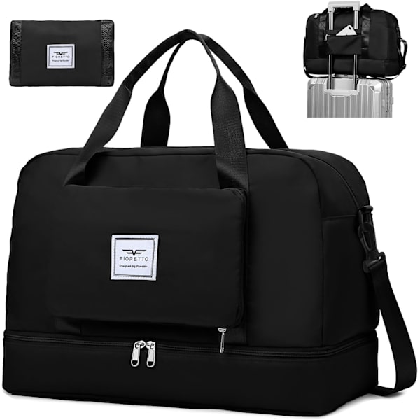 Sammenleggbar Weekend Bag Overnatting Sykehus Bag med Skokompartiment & Våt Lomme, Vannbestandig Gym Duffel Bag for Reise Holdall for Kvinner Menn black