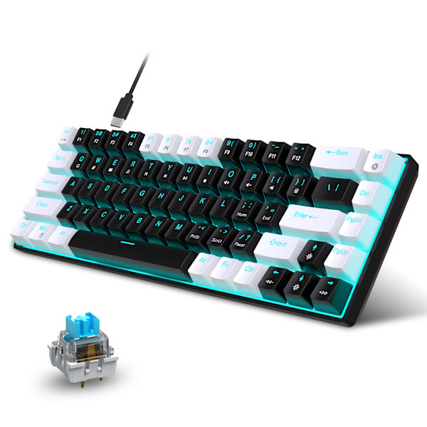 Trådbundet mekaniskt speltangentbord, isblå LED-bakgrundsbelyst 68 tangenter Mini trådbundet kontorstangentbord för Windows Laptop PC Mac white/black