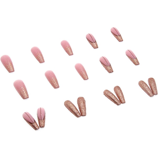 24 kpl Glitter Tekokynnet Pitkät, Kultaiset Ranskalaiset Paina Kynsiin Kuviot, Kauniit Vaaleanpunaiset Ballerina Liimaa Kynsiin Naisille, Akryyli Arkku Tekokynnet Pitkät