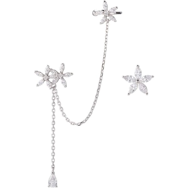 3PCS 925 Sterling Sølv CZ Mansjett Øredobber Kjede Daisy Øredobber for Kvinner Daisy Blomster Øredobber Crawler Øredobber Asymmetriske Dangling Øredobber Kjede