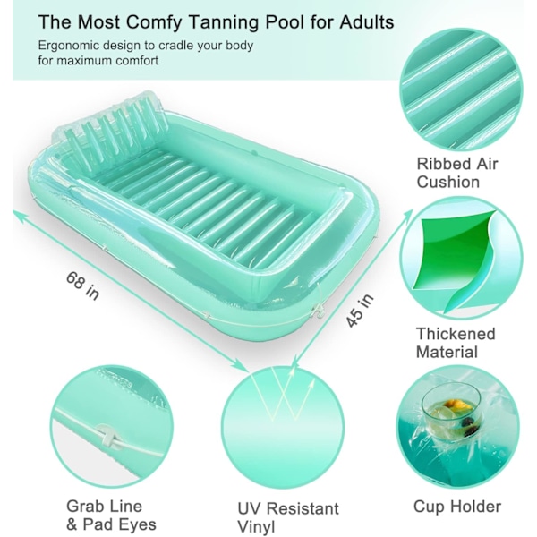 Stor Uppblåsbar Pool Float Lounger, Solbadkar, Uppblåsbar Solbad Poolflotte med Kudde för Utomhusbruk, Trädgård, Bakgård Sommar Vattenpoolparty
