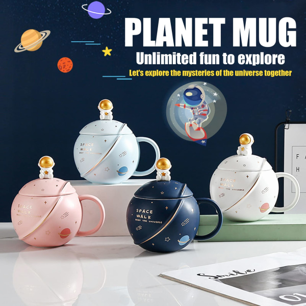 Cute Space keramisk krus, Astronaut Coffee Cup, Funny Krus med låg og ske, Personlige kopper til kaffe, te og mælk, 400 ml (lyseblå)