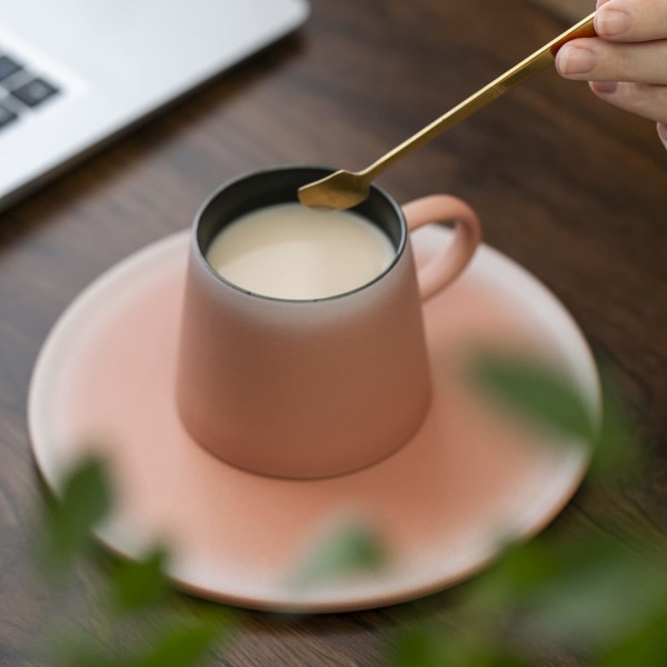 Kaffekoppset med matchande fat och gyllene sked, kaffemugg för dagligt bruk och kontor 7oz (rosa)