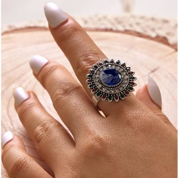 Vintage Blue Sunflower Statement Ring för kvinnor Flickor Antik rund kristall onda ögonskydd Justerbara bröllopsfestringar Comfort Art Smycken