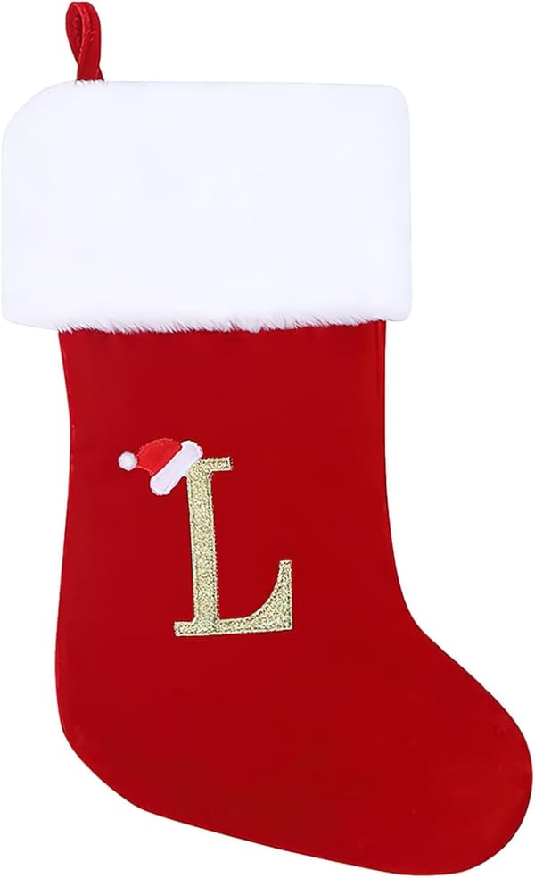 Personlige julestrømper 50 cm Initial Monogram Broderte Bokstaver Julestrømpe Rød Fløyel Julestrømper (L)