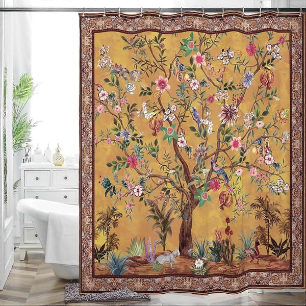 Bohemiskt Badrumsgardin Färgglatt Boho Blomstermönster Vacker Ljus Polyestertyg Duschdraperi för Badrum