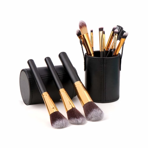 Stor makeup børsteholder Bærbar læder opbevaringstaske (sort)