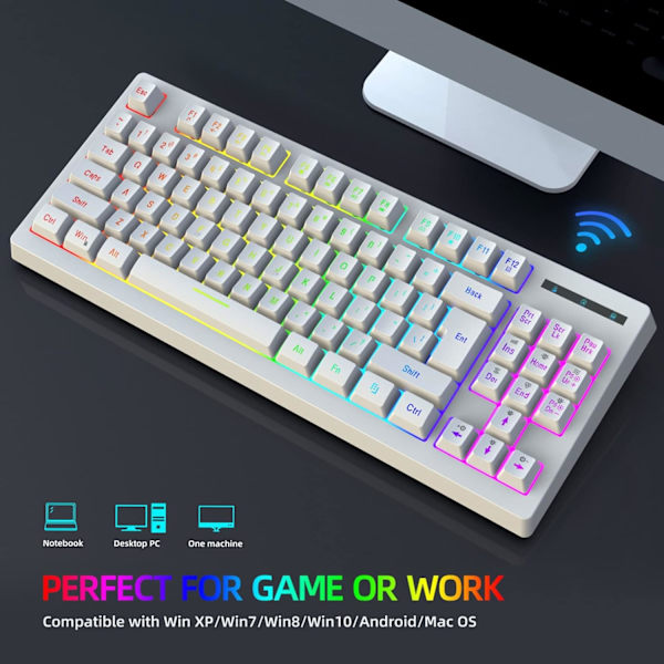 Spel tangentbord 87 tangenter 2.4G trådlös RGB termisk överföring 1800mAh / Windows kompatibel för arbetsdator och hemspel trådlöst tangentbord (vit) white