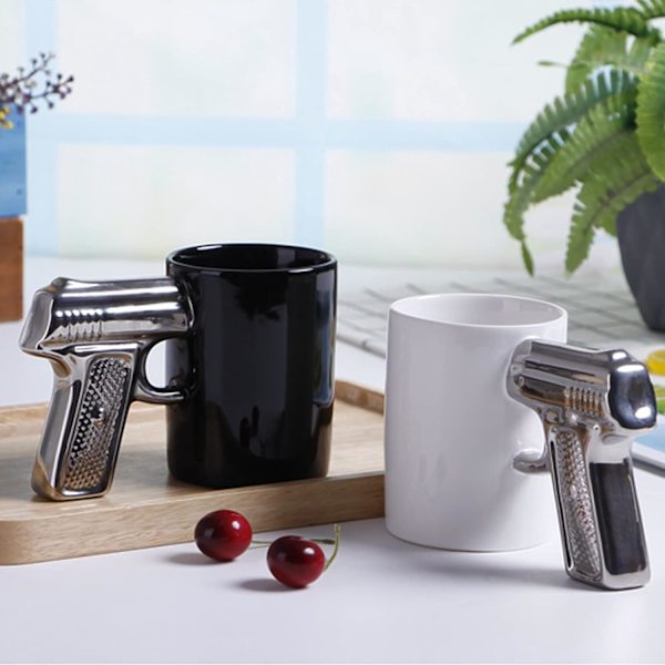 Morsom krus med pistolhåndtak, Nyhet Keramiske Kaffe Kopper, Personlig Pistol Kaffe Kopp, 3D Pistol Håndtak Vannkopp, Perfekt Nyhet Gag Gave silver