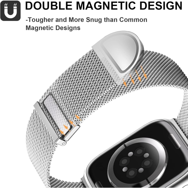 Kompatibel med Apple Watch-remme 44 mm 45 mm 42 mm til kvinder og mænd, dobbelt magnetisk justerbart erstatningsbånd til iWatch Series 9 8 SE 7 6 5 4 3 2 1 silver 42/44/45/49MM