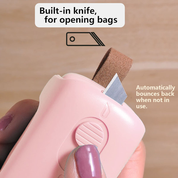 Mini Bag Sealer 2 i 1 Håndholdt Vakuumforsegler og Kutter med Lanyard Matbeskytter Brukes til Forseglings Plastposer（Rosa）