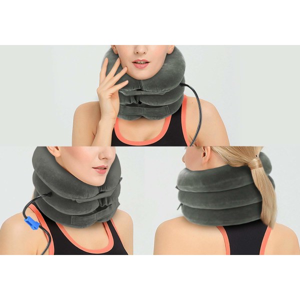 Traktionsanordning för halshals Uppblåsbar nackbår, lätt att använda för kronisk nacke- och axelsmärtalindrande dragningsryggrad (grå)