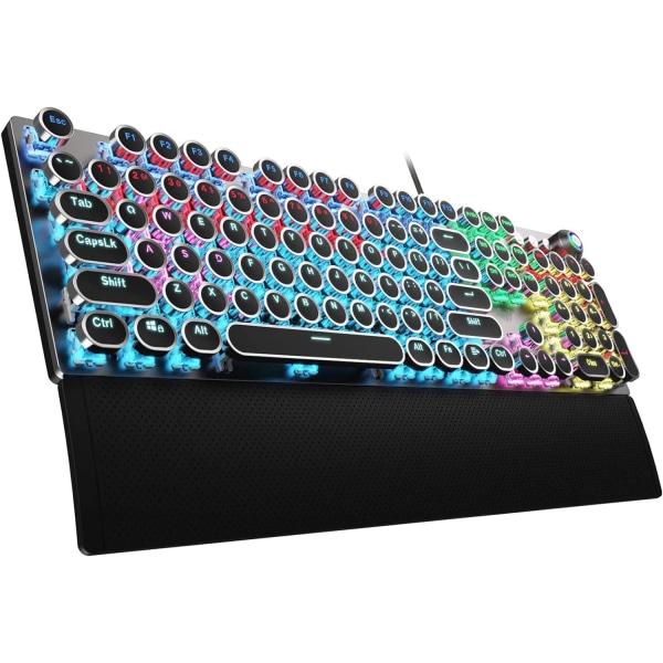 Skrivemaskinstil mekanisk spilltastatur blå bryter, med avtagbart håndleddsstøtte, mediekontrollknapp, regnbuebakgrunnsbelyst, retro punk-runde tastaturer BLACK