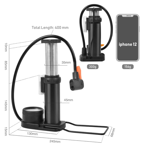 Cykelpump Bärbar, Cykel Fotpumpar med Tryckmätare 160 PSI Cykel Luftpumpar med Presta & Schrader Ventil