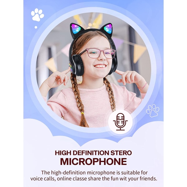 Cat Ear LED Light Up Sammenleggbar Bluetooth-hodetelefon for barn