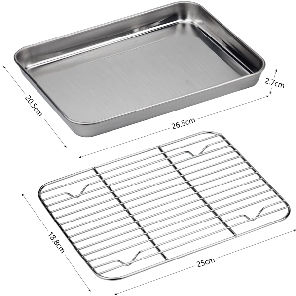 Bageplade med stativ, rustfri brødrister pande Cookie med afkølingsstativ 1 bakke 26,5x20x2,5 cm +1 stativ 26,5x20x2,5 cm, robust, nem at rengøre Tåler opvaskemaskine