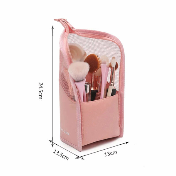 Makeup børste taske halv klar stående lynlås pung (Pink)