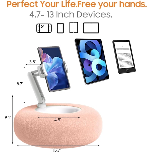 Kudde Stativhållare för Kindle Tablet iPad med Snacks Skål, Sängkudde Stativhållare för Läsning i Sängen för 4.7\"-11\" Kindle, Tablet, iPad, iPhone pink