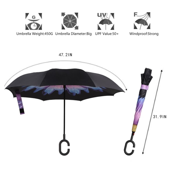 Dubbellagers inverterade paraplyer Omvänt fällbart paraply Självstående vindtätt UV-skydd med C-format handtag - Purle Daisy