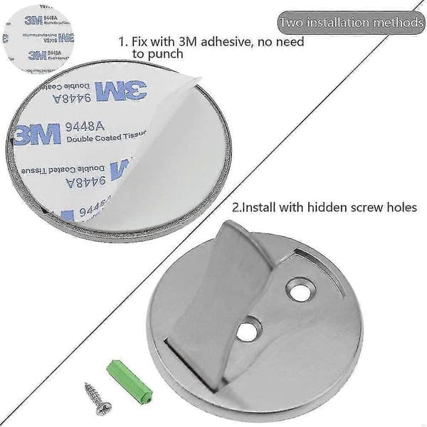 2-pack magnetiska dörrstoppare, kraftiga metallväggskydd, golvmontering 5–12 mm med 3M-lim och dolda skruvar, silver