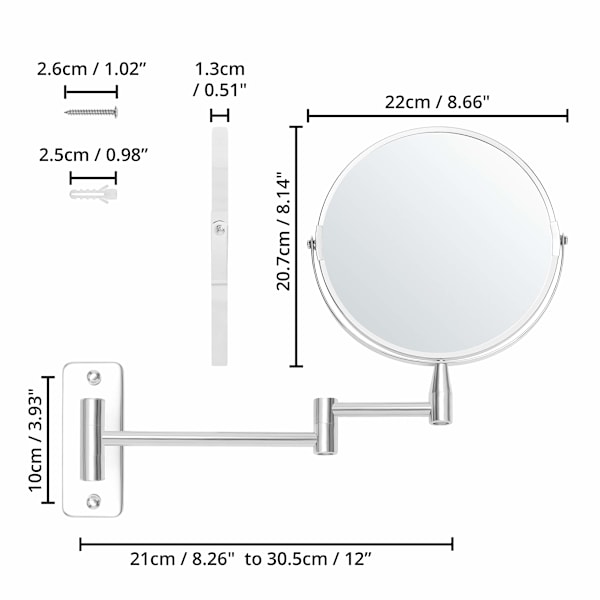360° Uttrekkbart Svingbart Veggspeil med 5x Forstørrelse, 22 x 20,7 cm, Rustfritt Stål, Dobbeltsidig Sminke- og Barberingsspeil.