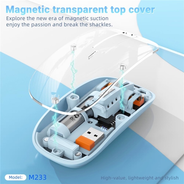 Mus BT Trådløs M233, Transparent Magnetisk Mus 2.4G Genopladelig til PC Genopladelig (Orange) grey