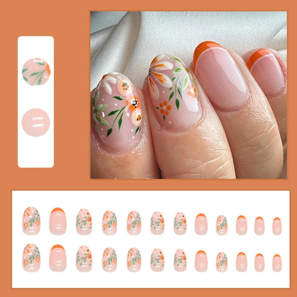 24 stk. Tryk på negle, korte mandelformede, franske spidser, falske negle, orange blomster, lim på negle med elegant design, ovale akryl fuld dækning efterårs-stick
