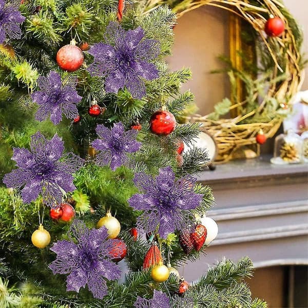 24 stk. juleblomster, glitter julestjerne juletræspynt og kunstige blomster til jul Lila