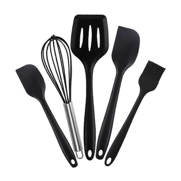 Køkken Kogegrej Sæt - 5-delt Non-stick Wok med Silikon Rørhåndtag, sort