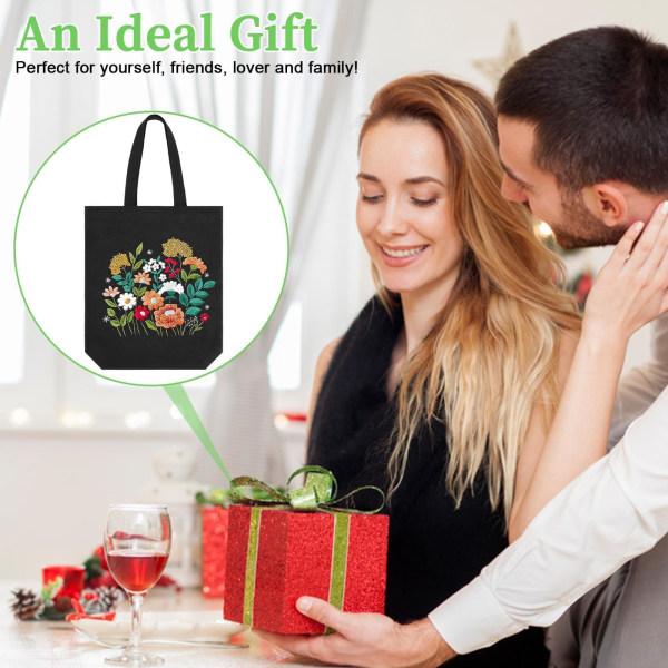 Canvas Tote Taske Broderikit med Blomstermønster, Kunst og DIY Voksne Korssting Håndværkssæt, Sort