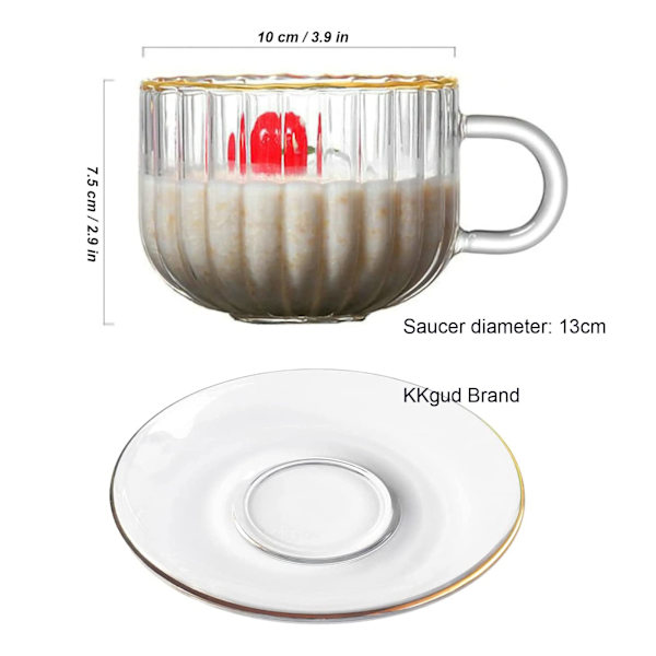 Græskarformet glas kaffekrus med underkop og ske, 14,5oz glas tekopp med guldrand