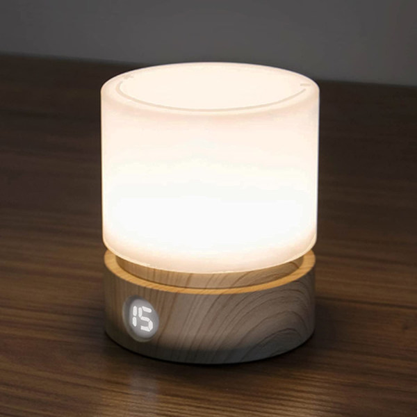 Timer nattlampa, dimbar sänglampa i trästruktur, sömnfrämjande lampa