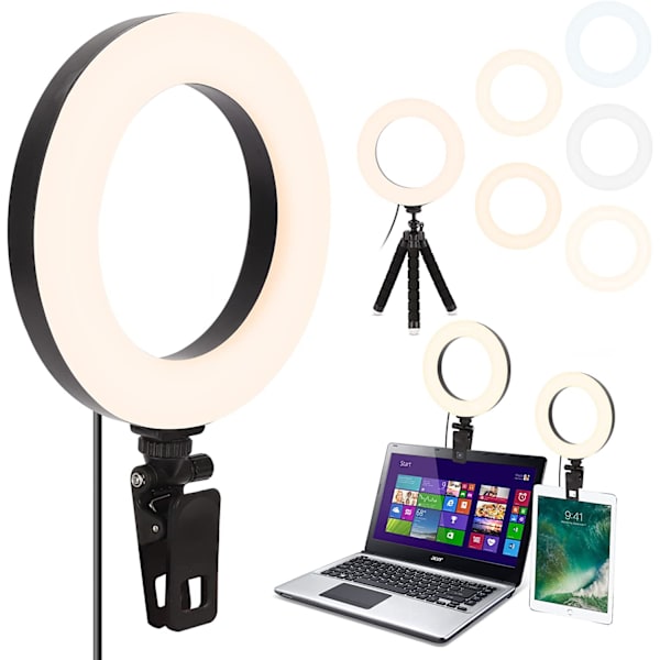 6\" LED-skrivebordsselfie-ringlys med stativ og klips