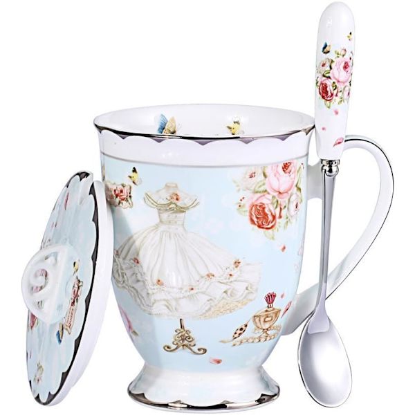 Tech Euro Style Porcelæn Te Kop Kaffe Krus med Låg til Morgenmad Hjem Køkken ((Rose og Kjole Mønster) (Blå)) B