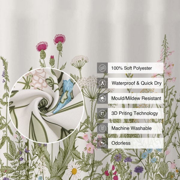 Wildflower Botanisk Bruseforhæng til Badeværelsesindretning 183x183cm